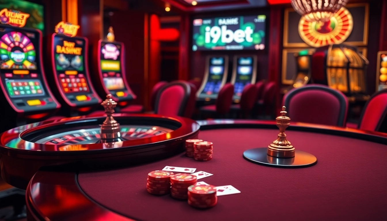 Experience the thrill of i9bet with skilled players at an elegant poker table and spinning roulette wheel.