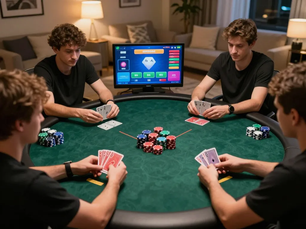 Players engaging in a strategic online poker game at restaurantepalominos, showcasing competitive gameplay and home comfort.