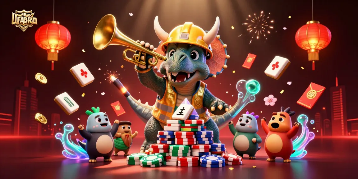Experience excitement with UFABRO as a triceratops builds poker chip towers amidst vibrant celebrations.