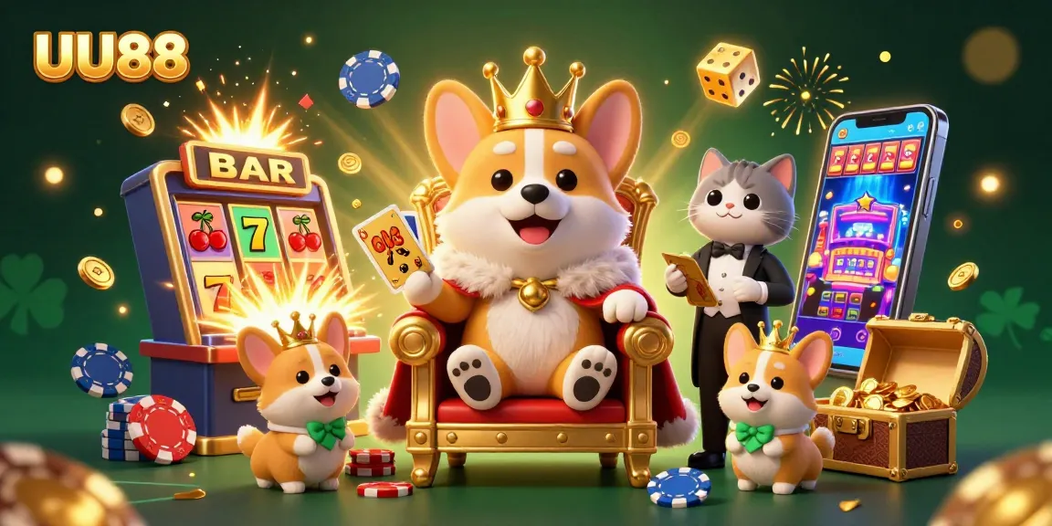 Play exciting casino games with UU88's royal corgi mascot surrounded by vibrant gaming symbols.