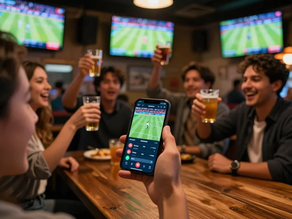 Excitedly using Jeetbuzz Download App for real-time sports betting with friends in a lively bar.