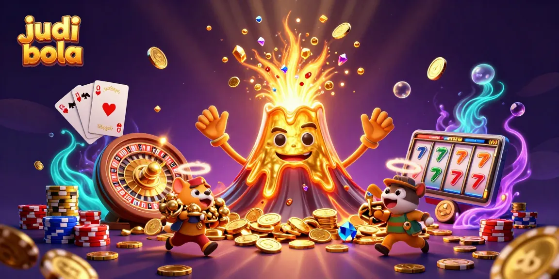 Engage in judi bola with thrilling treasures erupting from a golden volcano in this dynamic illustration.