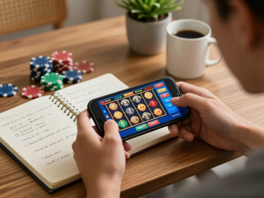 Pengguna yang terlibat memainkan permainan kasino mobile daftar mpo777 di smartphone di rumah, menunjukkan taruhan strategis.