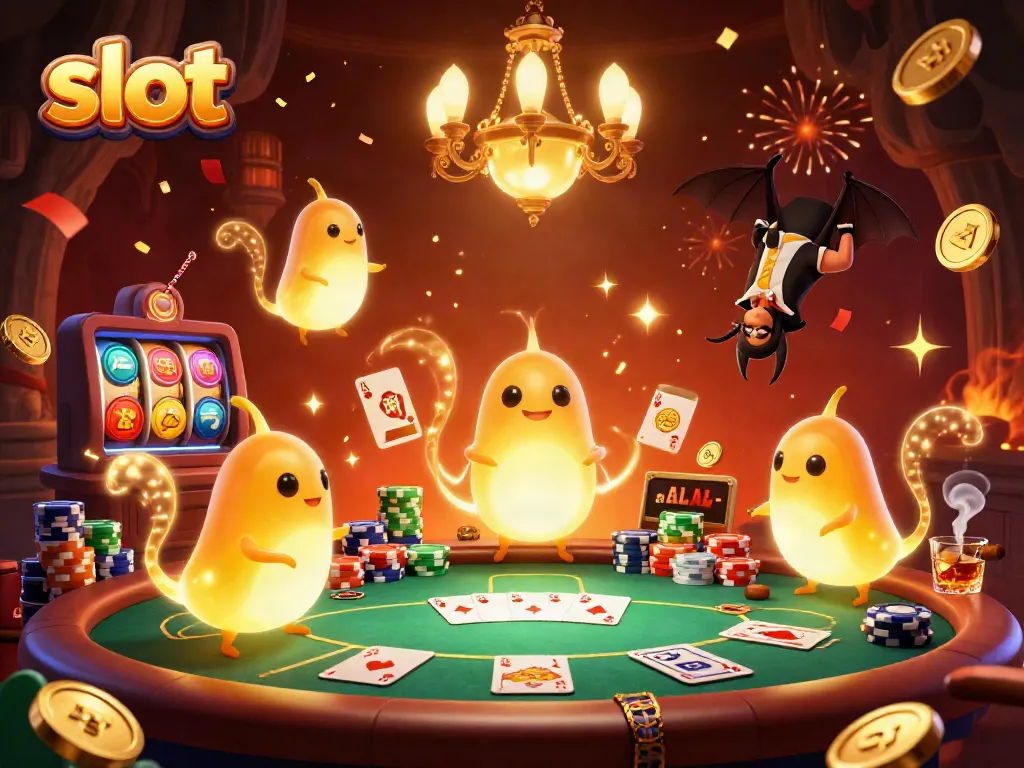 Permainan slot dengan lampu glowworm di kasino yang meriah dan berwarna-warni.