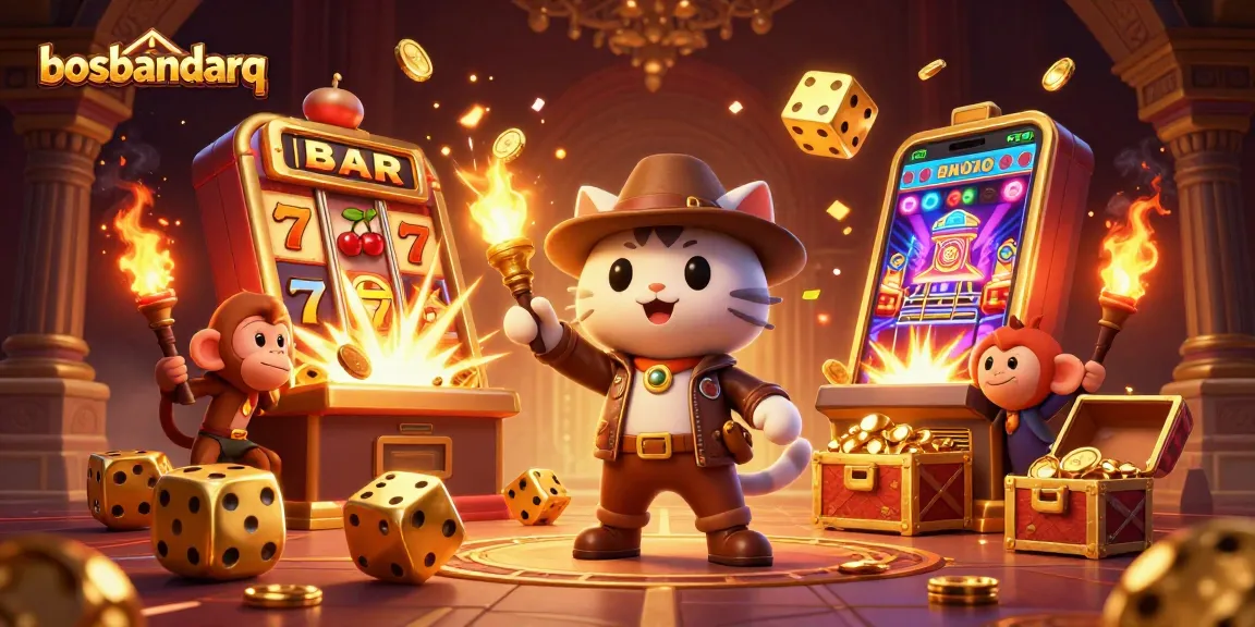 Experience thrilling casino adventures with bosbandarq featuring a cartoon archaeologist cat and golden treasures.