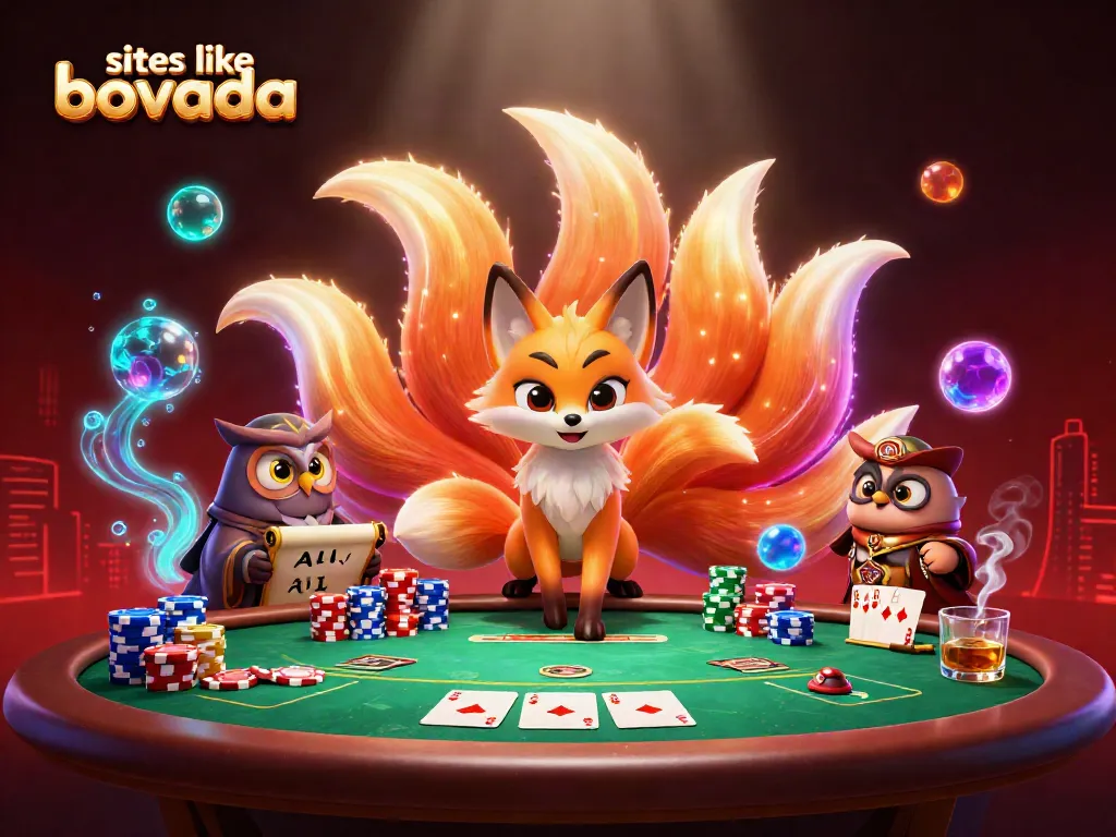 Experience thrilling poker action with sites like Bovada, featuring a fox spirit, owl sage, and poker elements.