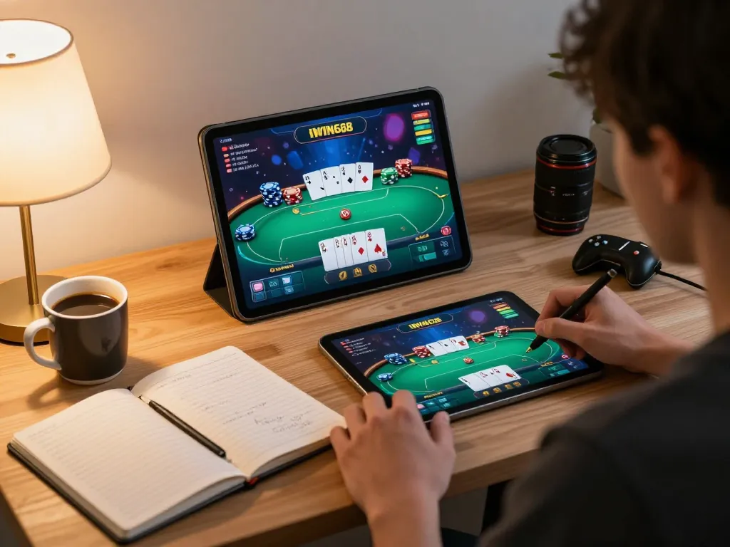 IWIN68 player immersing in an online poker game on tablet, showcasing responsible gaming.