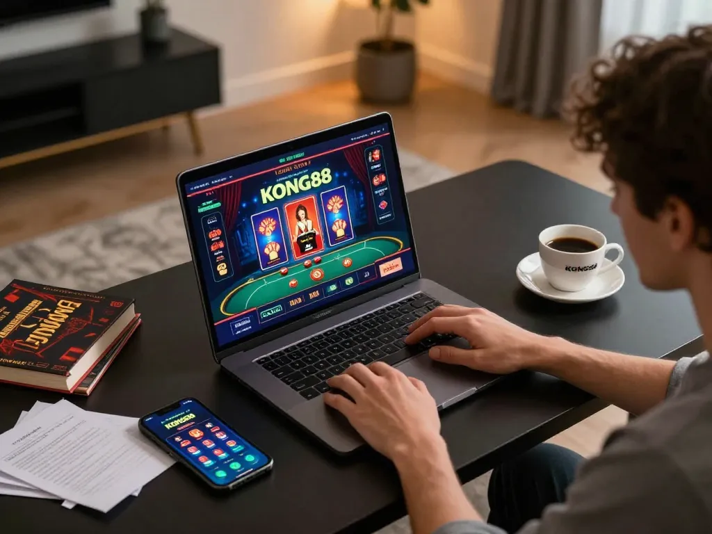 KONG88 player engaging in online casino gameplay at a cozy home desk with warm lighting.