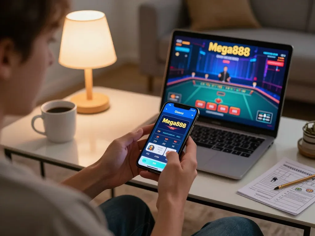 Mega888-mega888 app shown on smartphone during a cozy online gaming session.