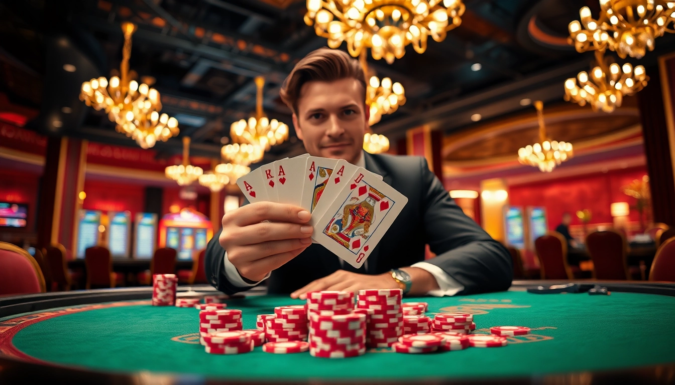 Engaging casino scene with a dealer showcasing a winning hand and colorful game elements.