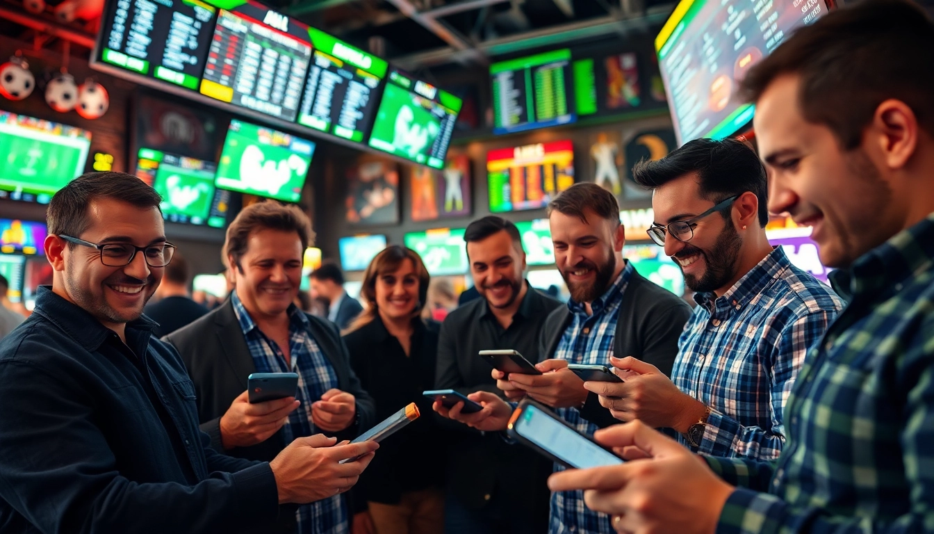 Engage in Sports Betting with enthusiastic bettors surrounded by live odds displays.