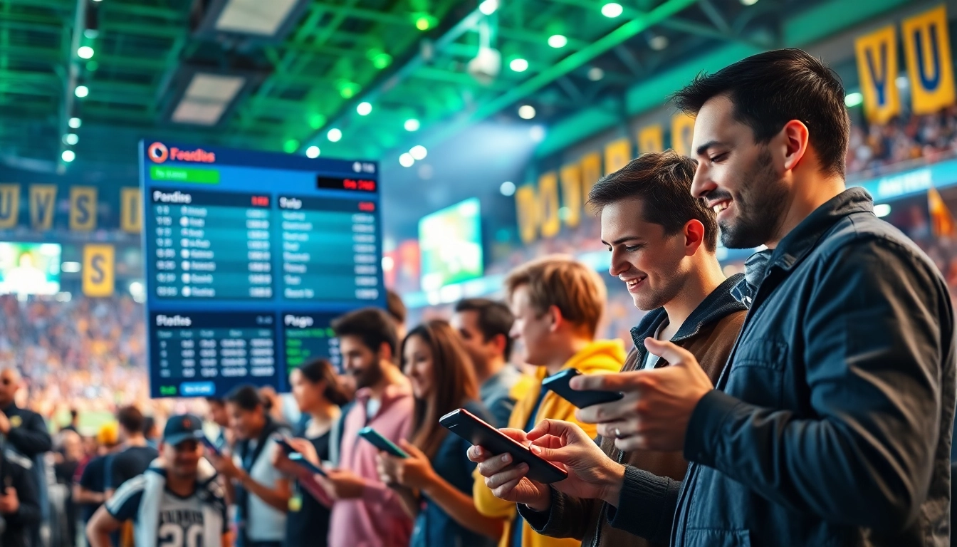 Engaged bettors using devices for online Betting amidst a lively sports event atmosphere.