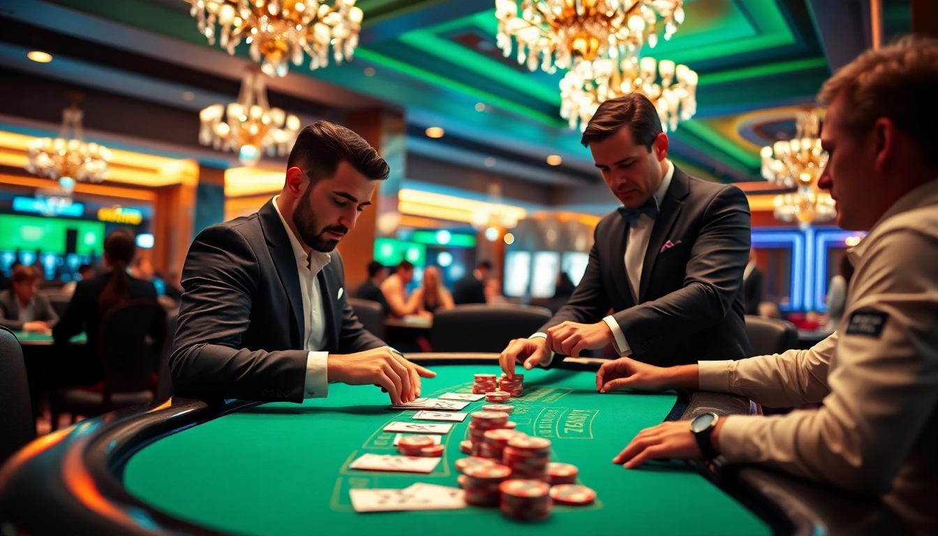 Engaging players in a vibrant blackjack casino, showcasing excitement and strategy in play.