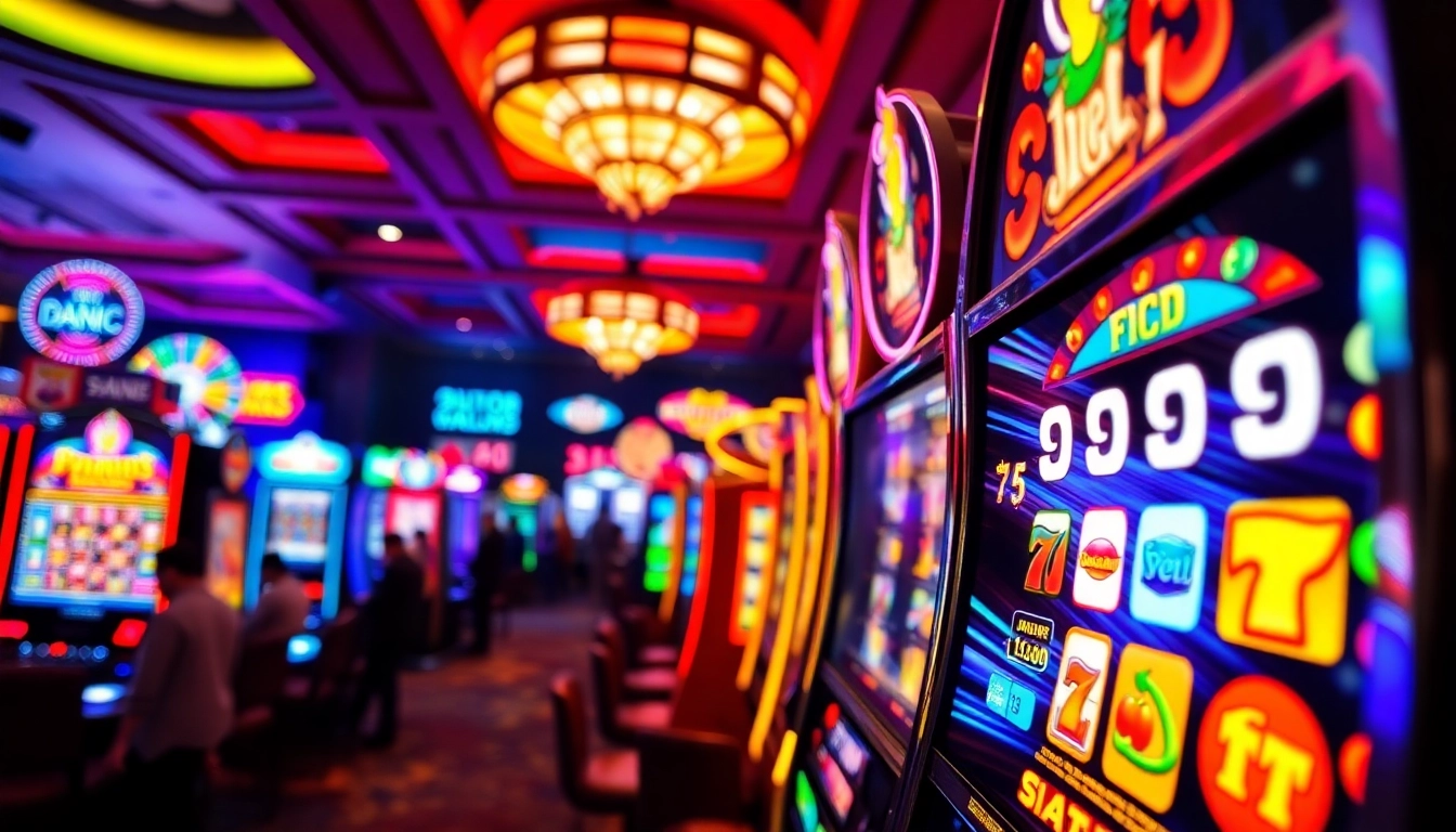 Permainan Slot Game yang menarik dengan mesin slot berwarna-warni di kasino.