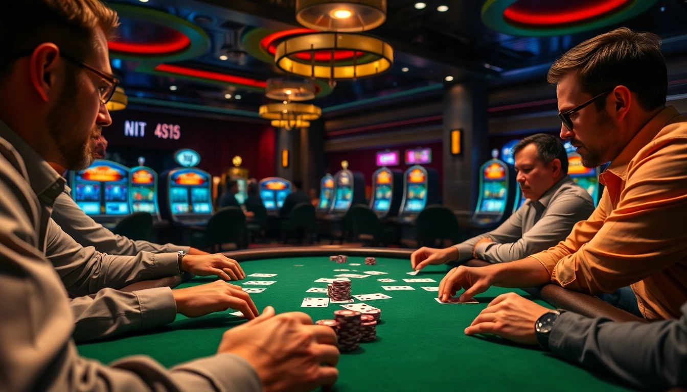 Engaged players competing in a poker game at a lively casino table.