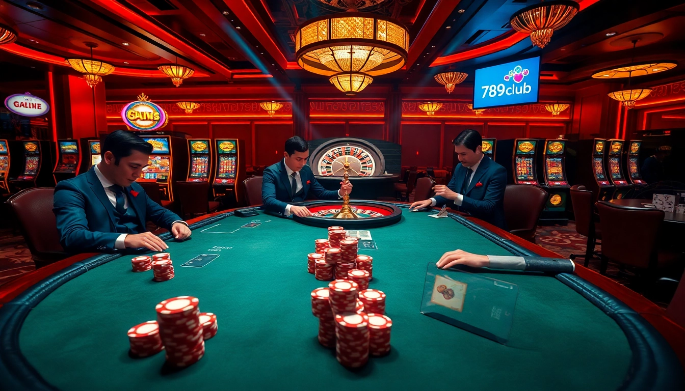Engaging players at 789club experiencing a thrilling poker game in a luxurious casino atmosphere.