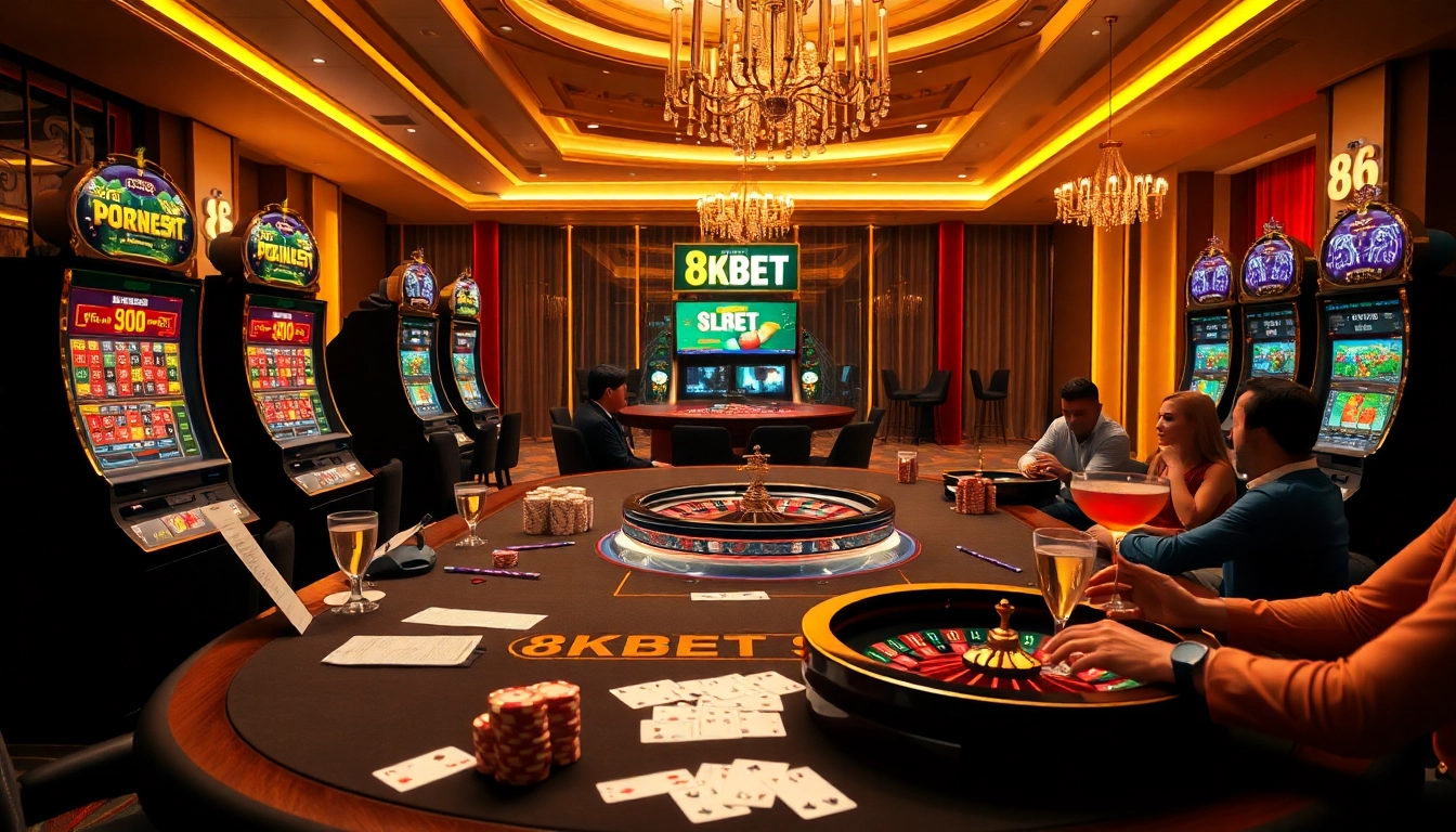 Experience the luxury of 8KBET with vibrant casino tables, cards, and roulette wheels in a high-energy gambling environment.