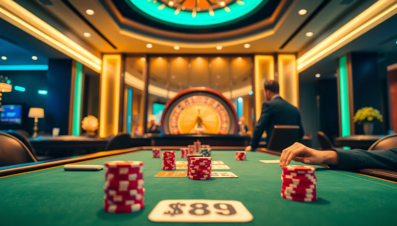 Engaged players at a Man 88 casino poker table, showcasing excitement and luxury among vibrant visuals.