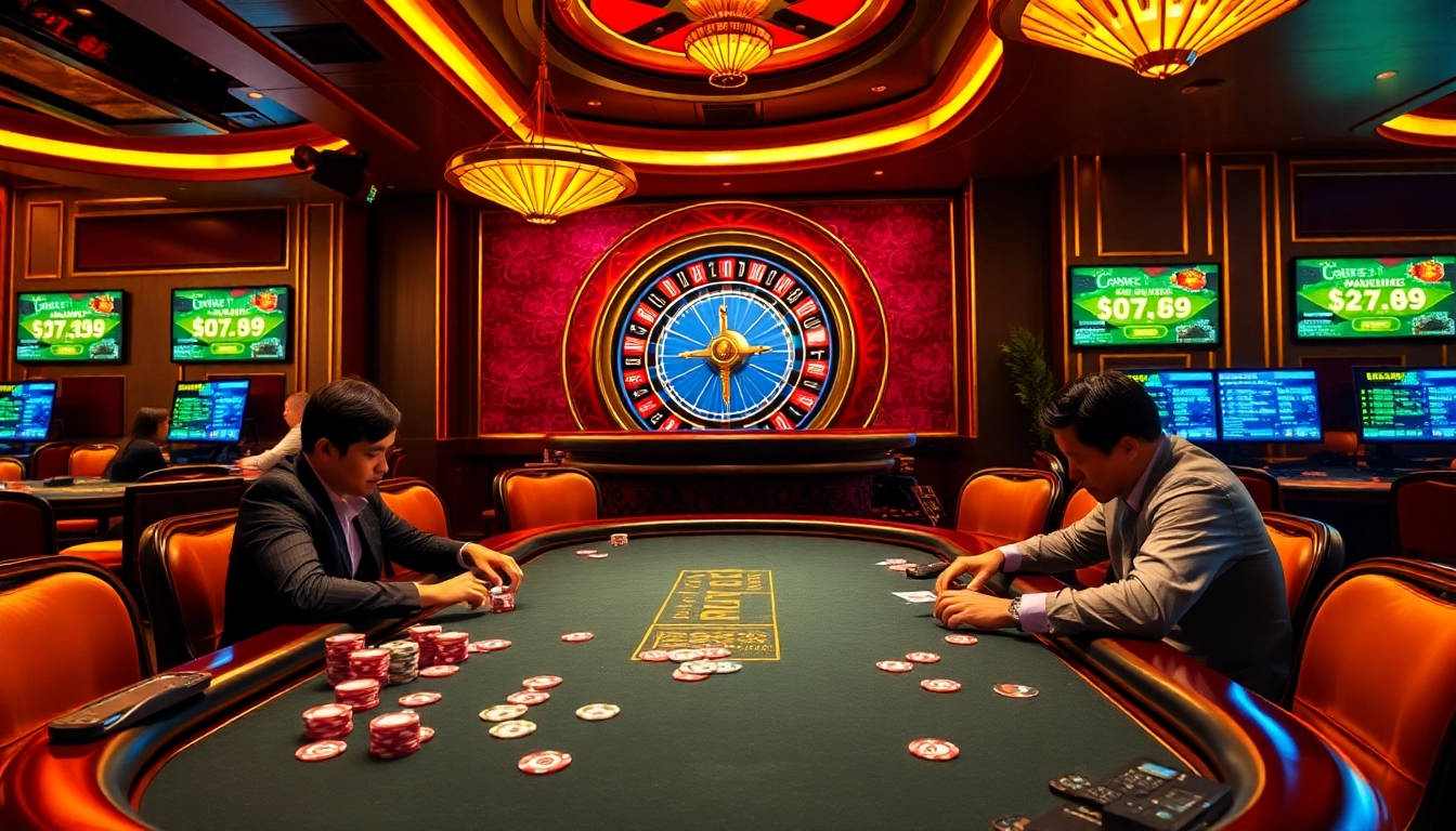 Experience the excitement of VT88 with players at a vibrant casino table, immersed in high-stakes gaming.