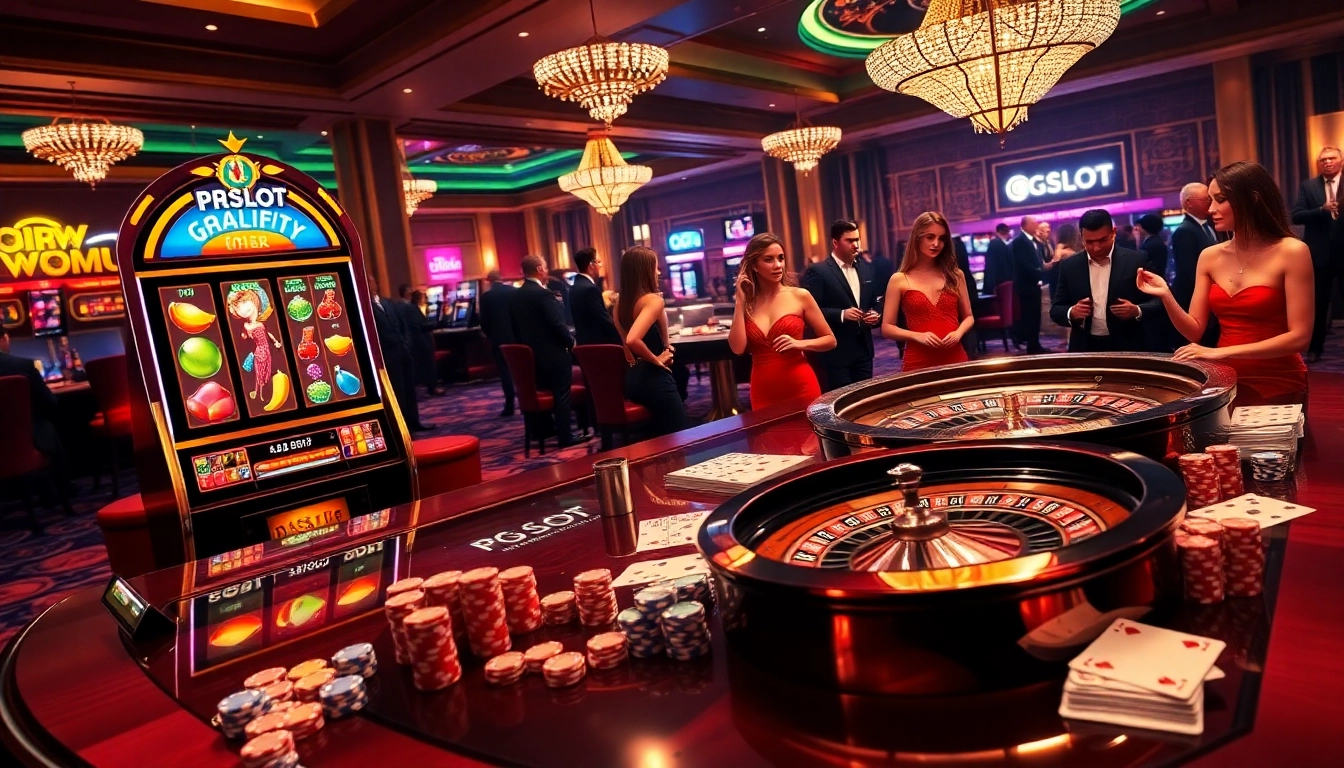 Exciting PGSLOT gaming scene featuring vibrant slot machines, cards, and roulette wheels.