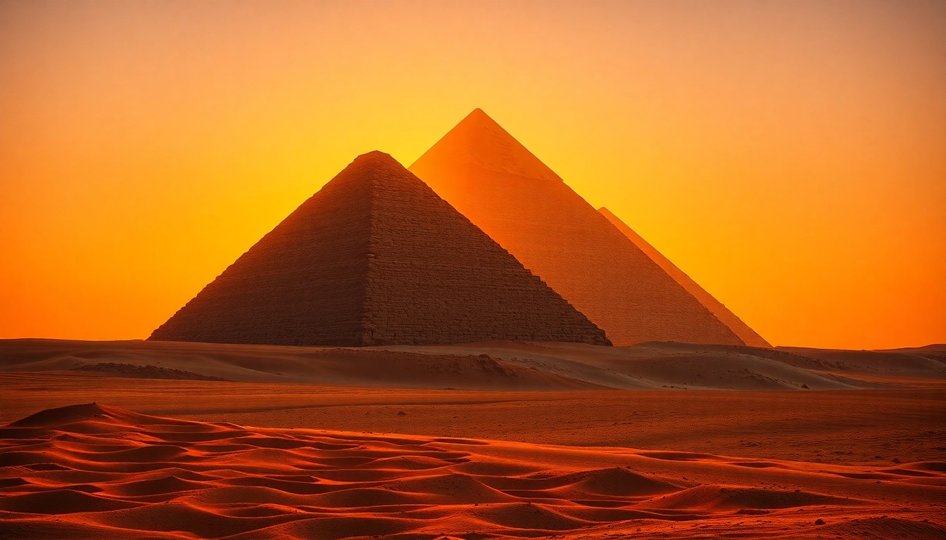 Discover the Great Pyramid of Giza's grandeur at https://piraminds.com/ with a stunning sunset backdrop.