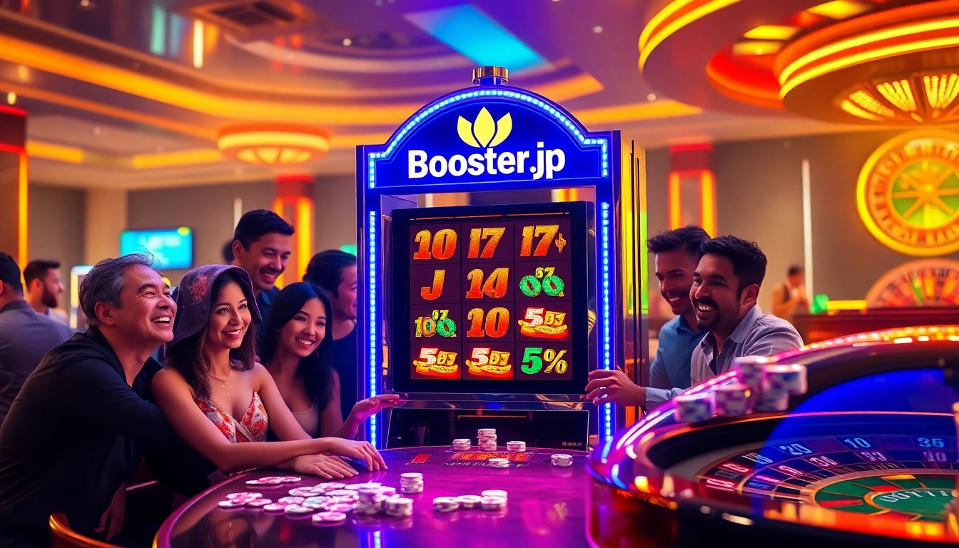 Excited players enjoying the Boosterjp slot machine in a vibrant casino atmosphere.