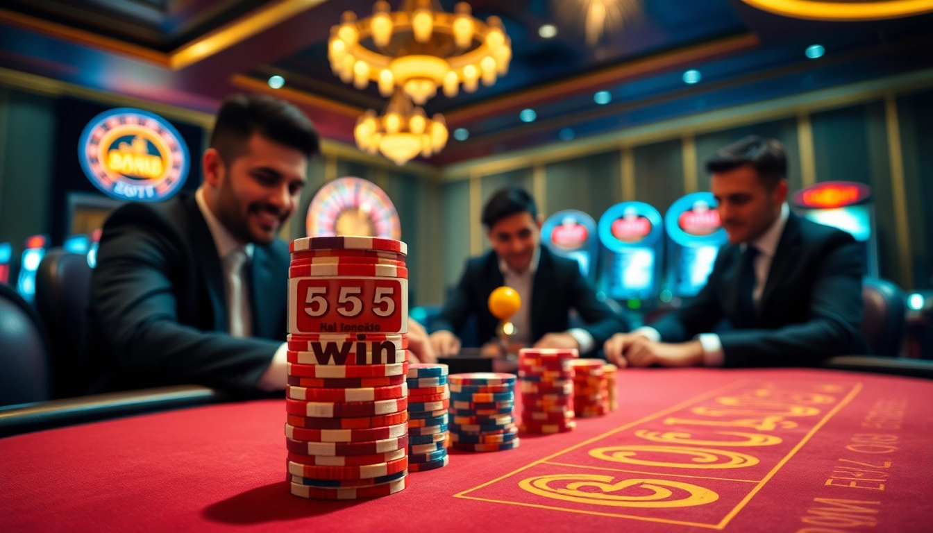 Experience the 555 win thrill with vibrant casino cards and poker chips.