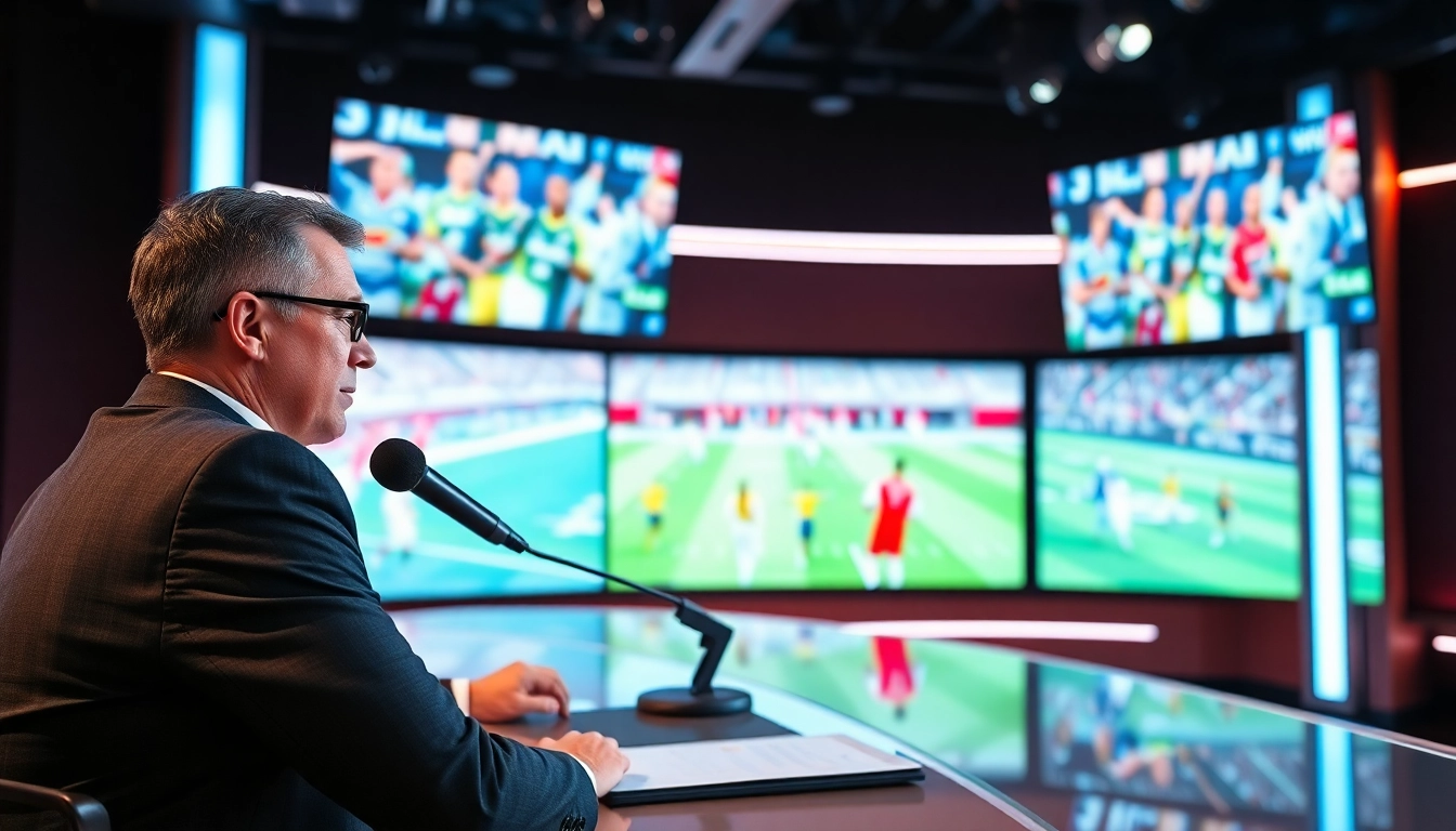 Dynamic sports broadcasting scene showcasing an announcer reporting live events.