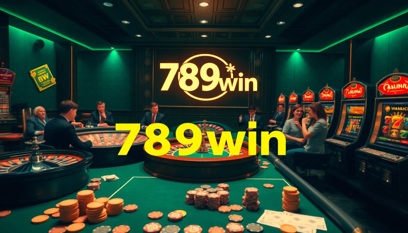 A vibrant casino scene showcasing players enjoying games at 789win's roulette and slot machines.
