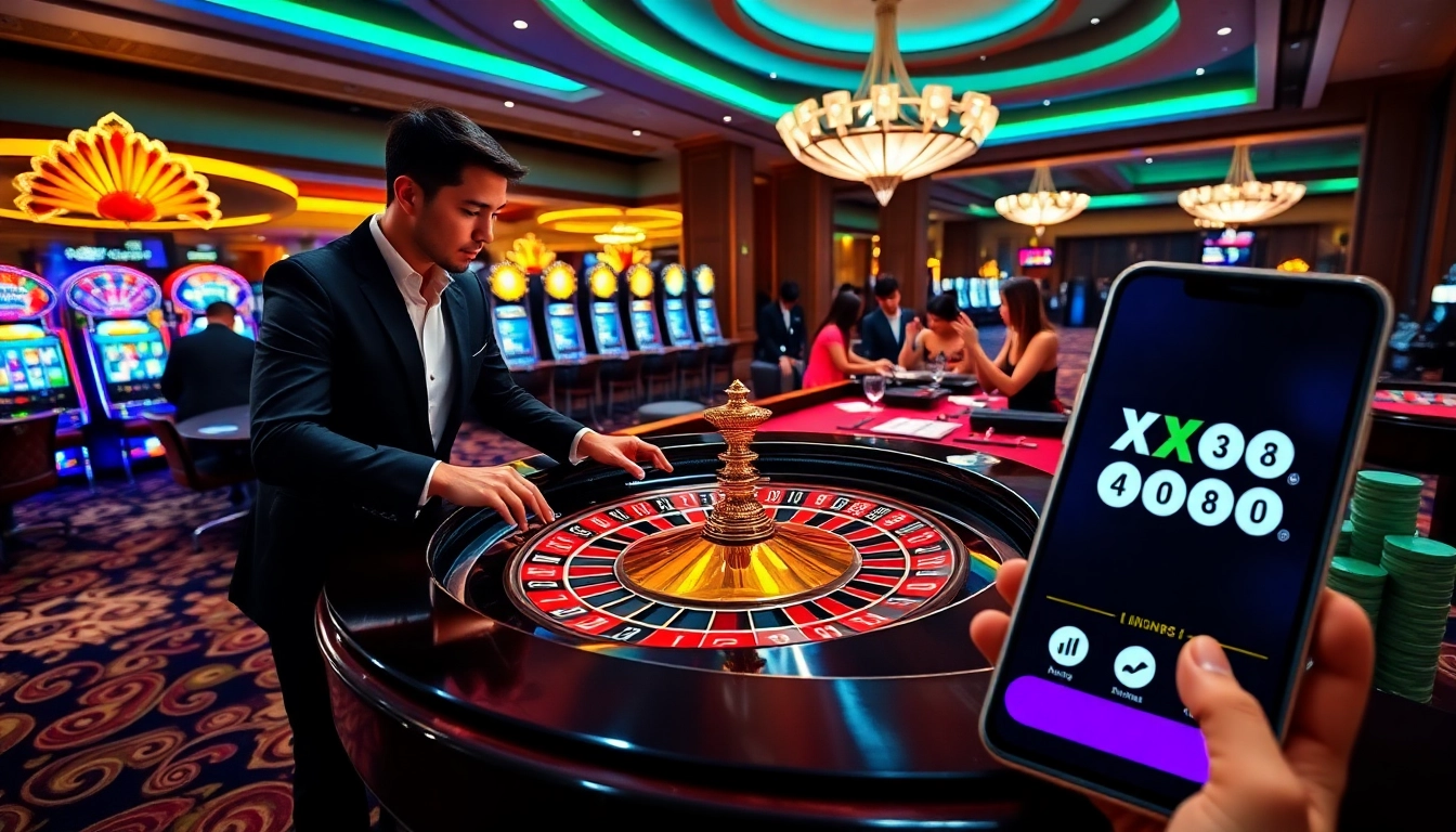 Experience thrilling gaming action at https://xx88.day/ with a lively casino scene showcasing excitement and elegance.