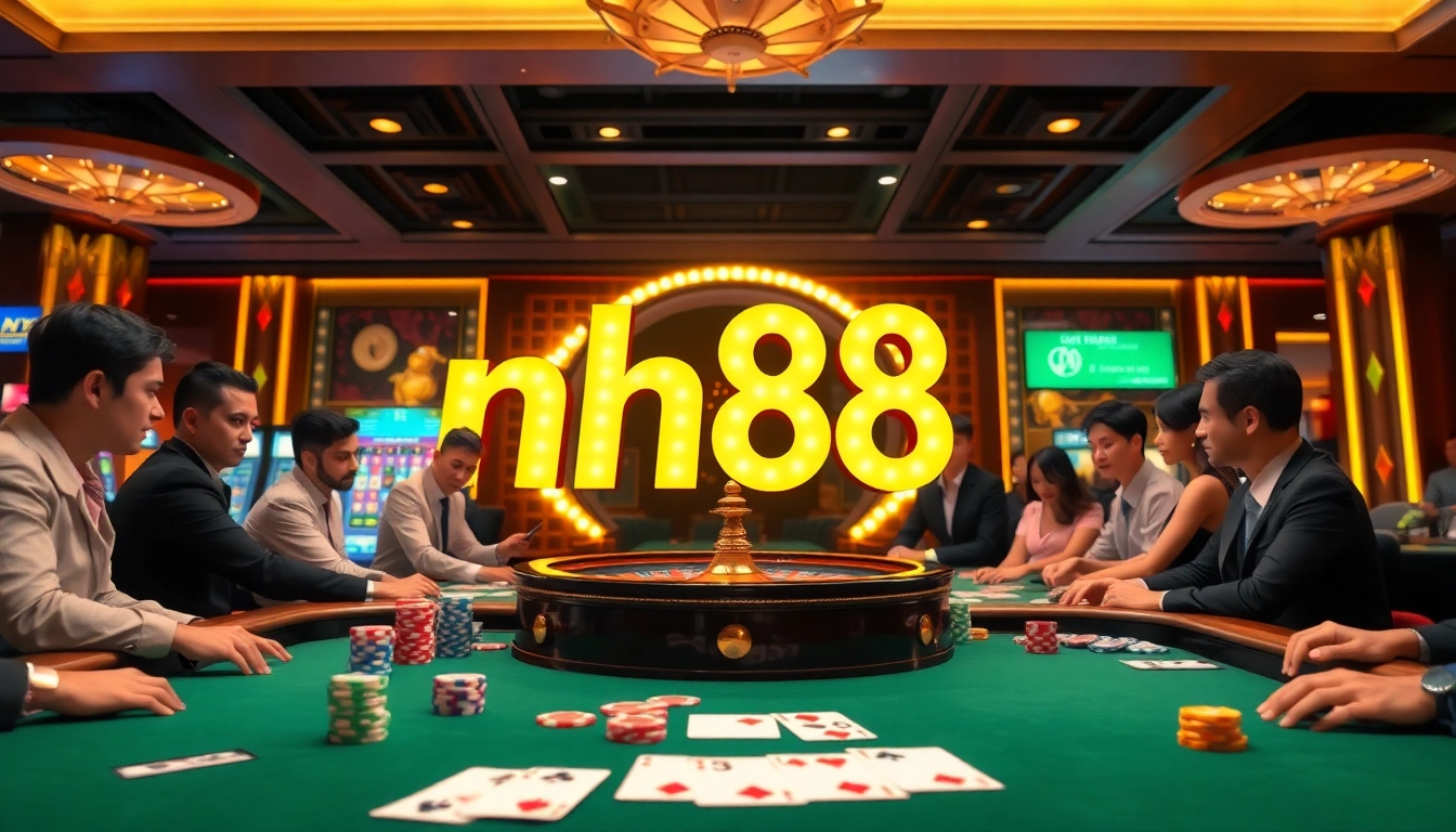 Players enjoying a vibrant casino experience at a table featuring the nh88 gambling interface.