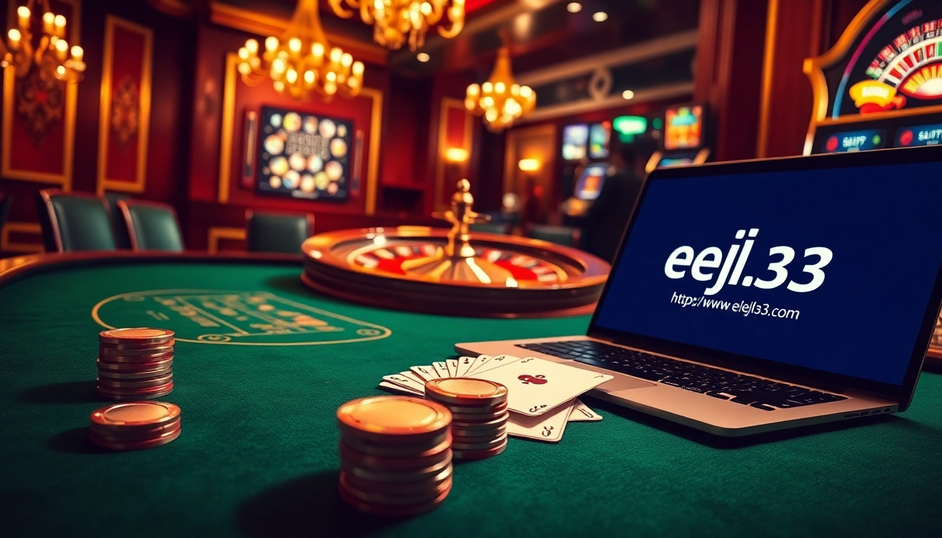A dynamic casino scene featuring exciting games and betting options at https://www.eejl33.com/, including poker, roulette, and slot machines.