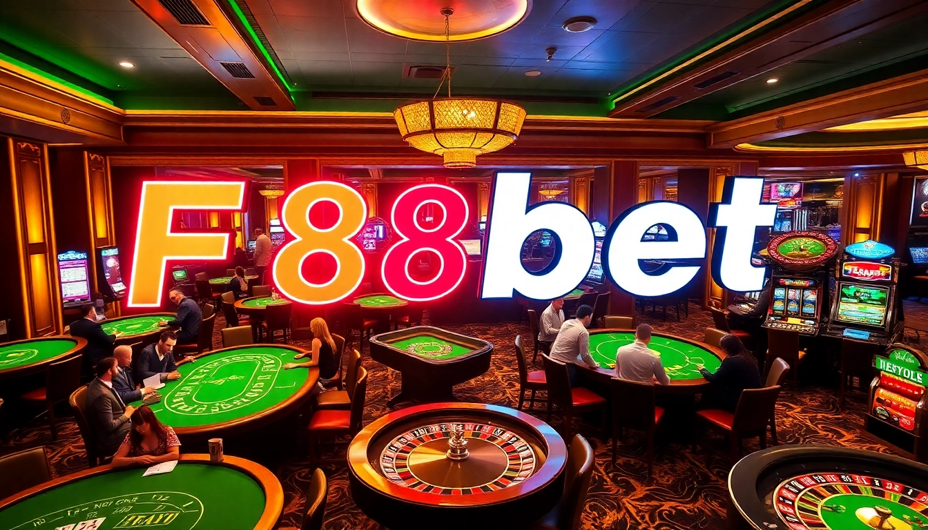 F8bet casino scene showcasing exciting table games and vibrant slot machines.