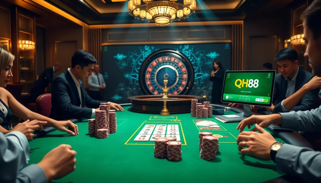 Engaging scene of players betting at QH88 online casino with poker chips and cards.
