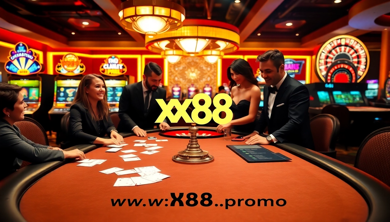 Experience the excitement of online gambling at https://xx88.promo/, featuring a vibrant poker table with enthusiastic players.