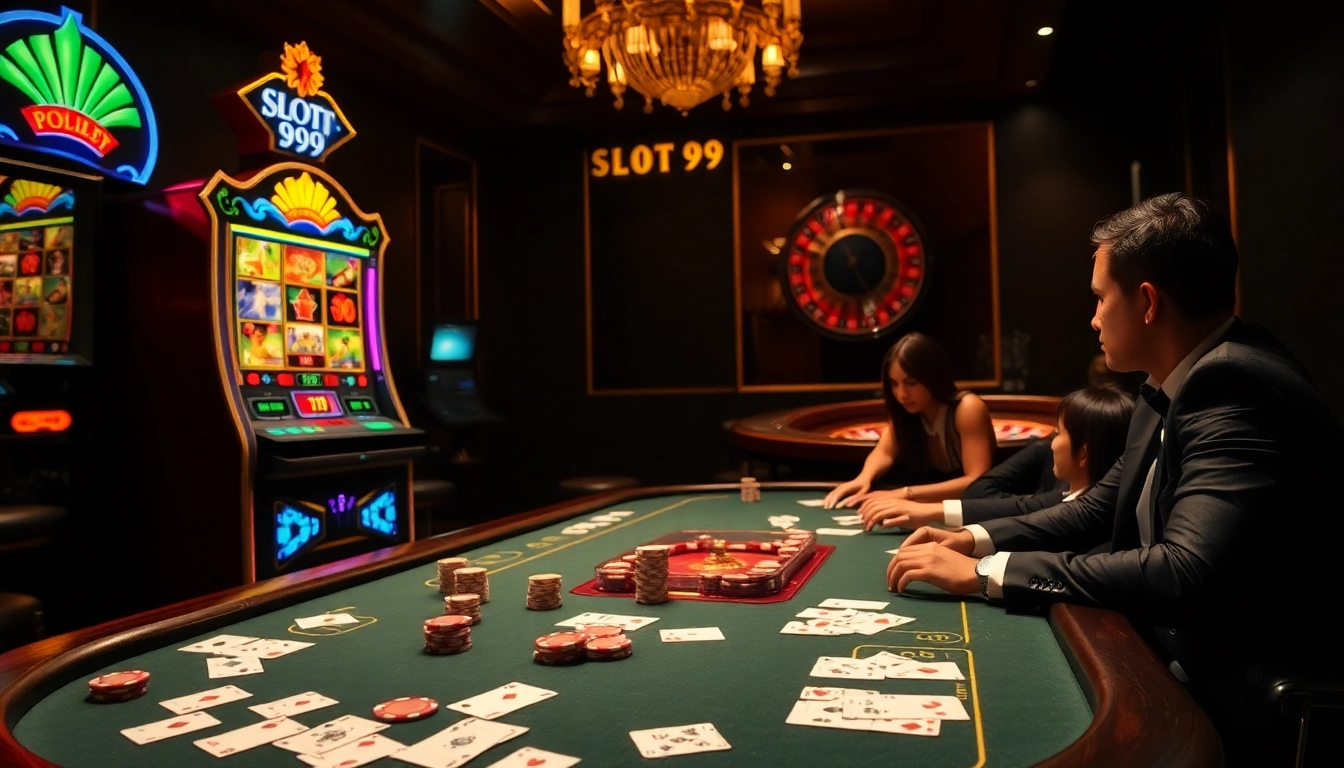 Players enjoying thrilling games at SLOT99 casino, with vibrant slot machines and intense poker action.
