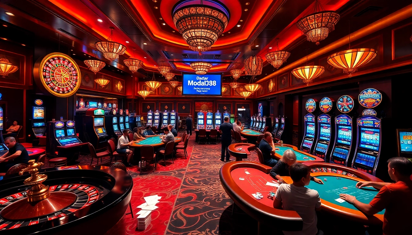 Engaged players in a glamorous casino, showcasing Daftar Modal138 strategies at poker and roulette tables.