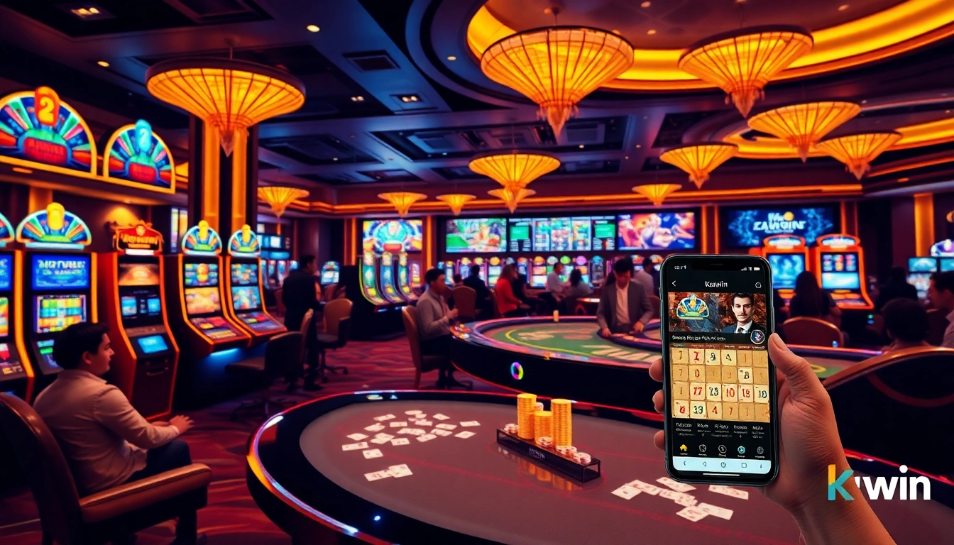 kuwin online casino scene with lively games, vibrant slot machines, and professional players.