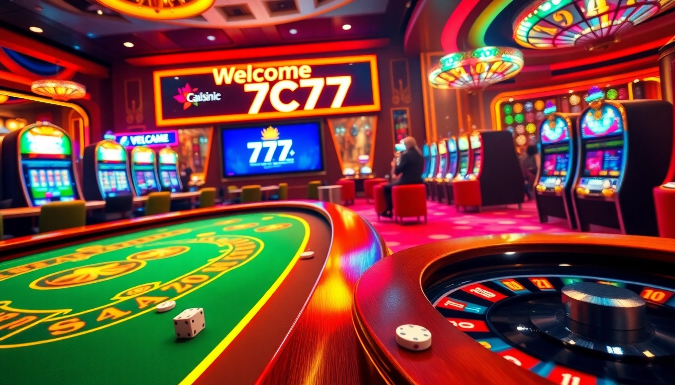 Exciting online casino gameplay at 7C77 featuring vibrant tables and spinning roulette wheel.