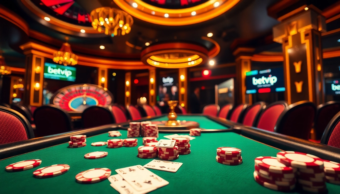 Bàn poker BetVIP với các chip và các lá bài trong một khu casino sang trọng dưới ánh sáng dịu nhẹ.
