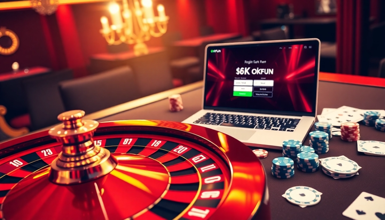 Excited players engaging in đăng ký okfun at a digital casino filled with roulette and poker elements.