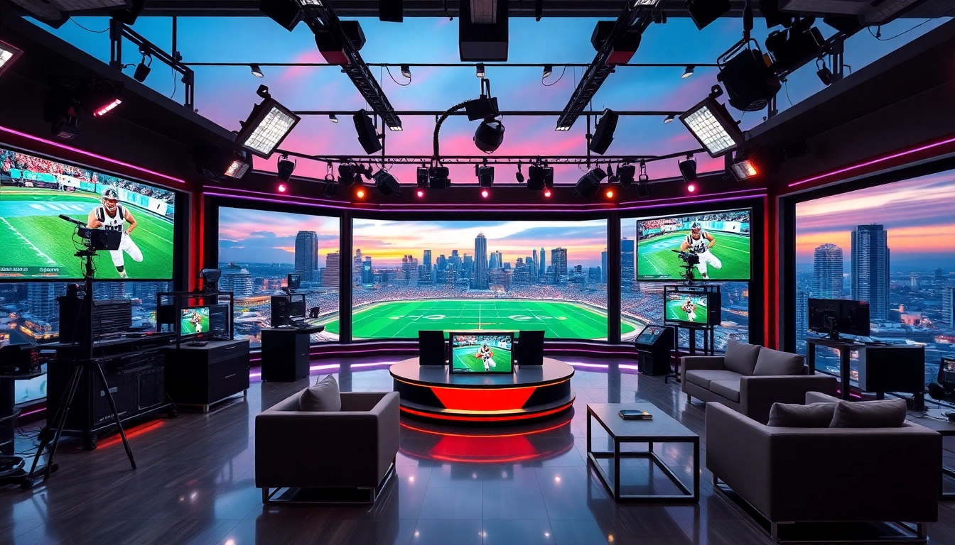 Sports Broadcasting studio showcasing live events with vibrant screens and modern equipment