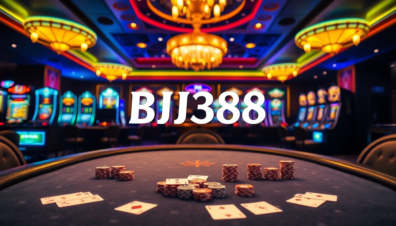 Engaging gambler enjoying a game at BJ388 casino poker table illuminated in luxury ambiance.