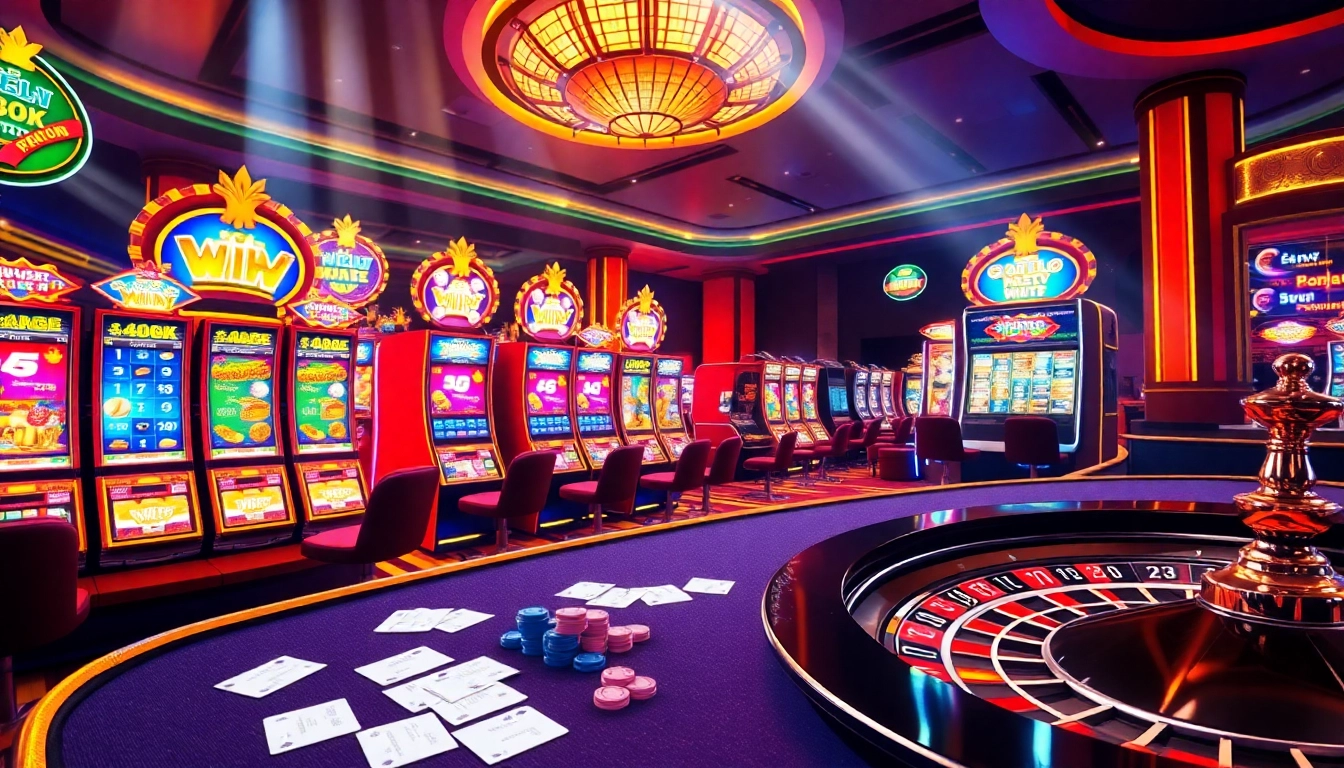 Nổ Hũ online gambling scene with vibrant slot machines and colorful casino elements.