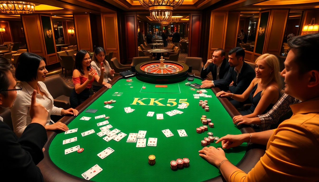 Players enjoying thrilling KK55 poker action at an elegant casino table.