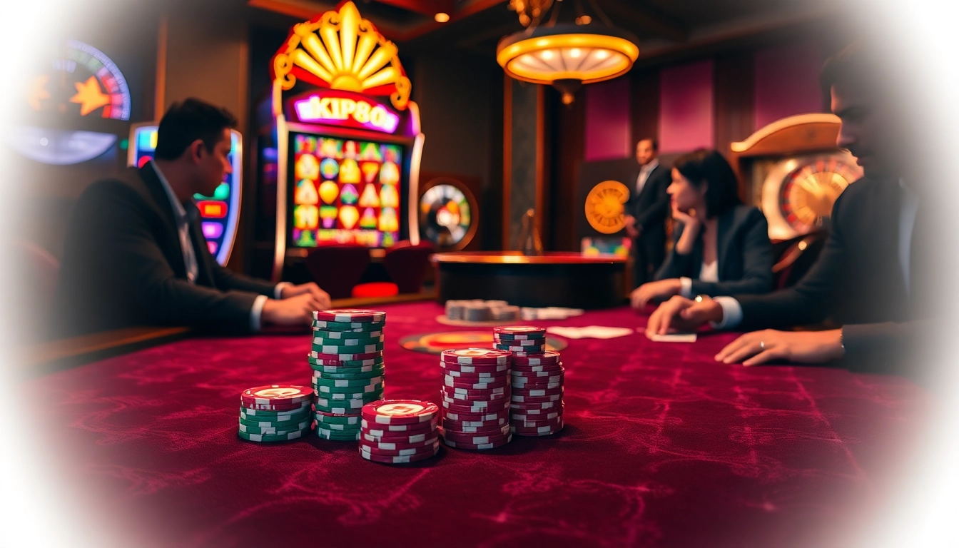 Engaging players at KP88's luxurious casino poker table with vibrant slot machines.