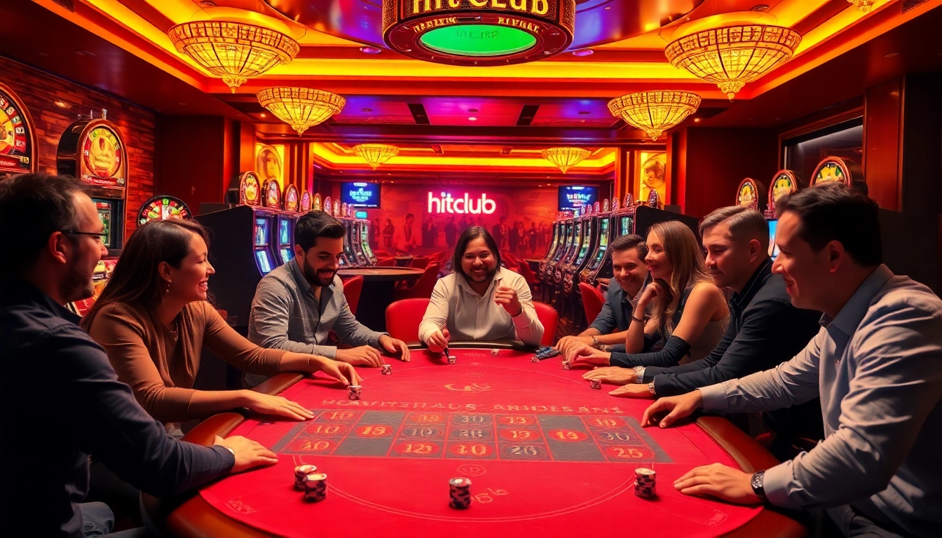 Hitclub casino scene showcasing poker players enjoying their game with vibrant slot machines.