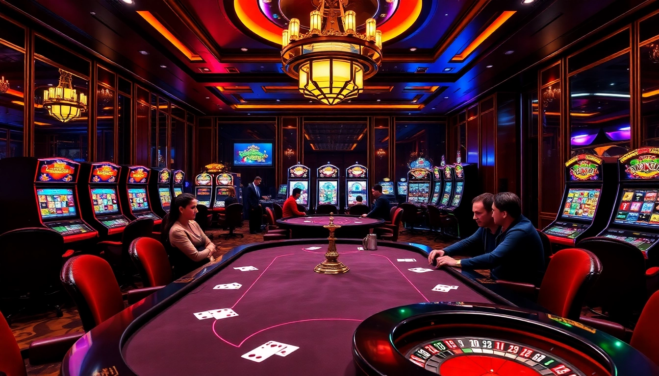 A vibrant casino scene showcasing the luxury of tập đoàn okwin with poker tables and slot machines.