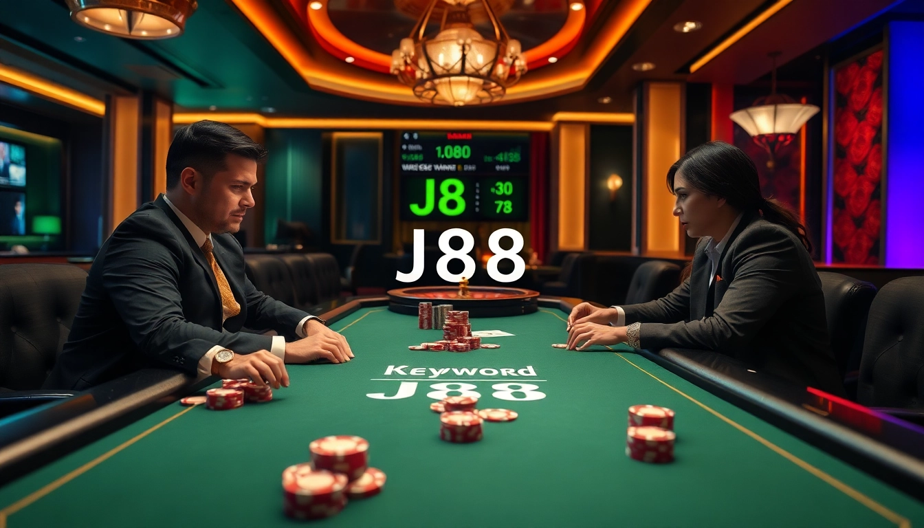 Players enjoy a high-stakes poker game at a casino featuring the J88 betting interface.