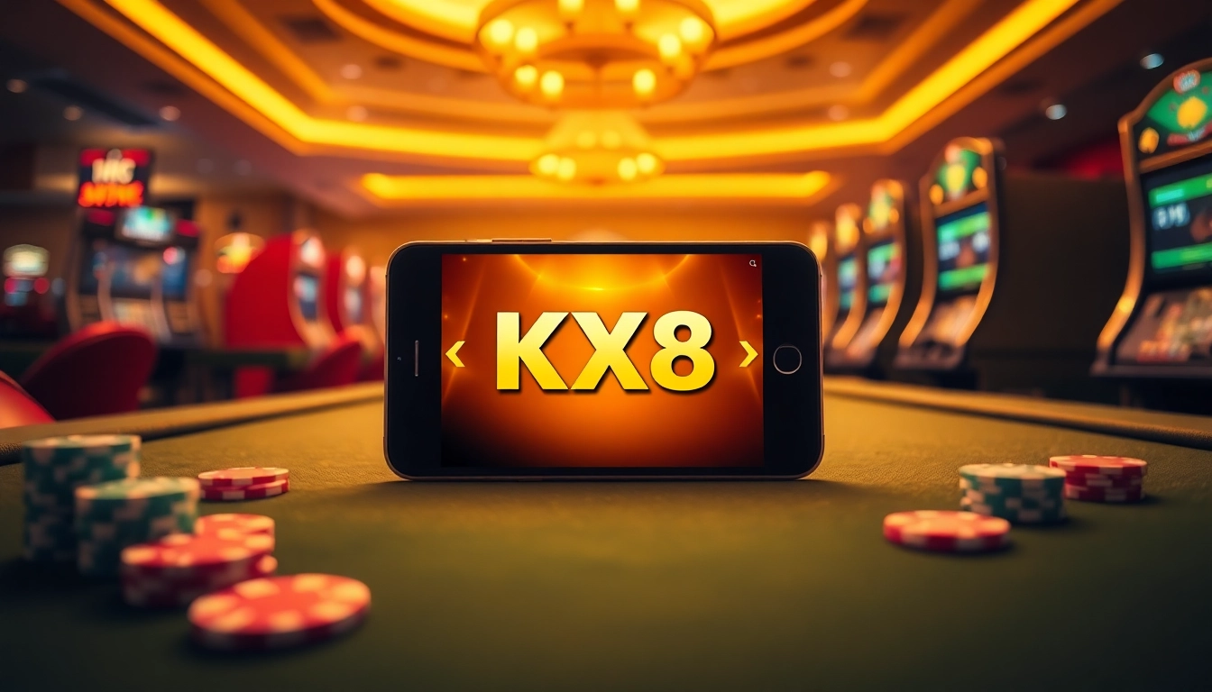 KX8 মোবাইল অ্যাপ showcased on a smartphone against a lively casino backdrop featuring poker chips and slot machines.